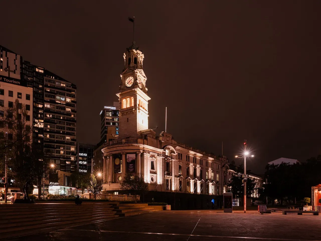 Auckland Town Hall at night from Aotea Square Auckland Town Hall at night from Aotea Square